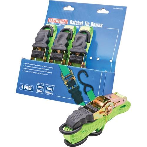 RATCHET STRAPS SET OF 4 5M X 25MM WITH HOOK 300KG