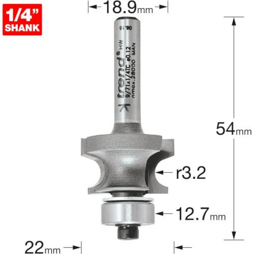 ROUTER BIT CORNER BEAD BEARING 3.2 RADIUS X 1/4 TCT 9/7 TREND